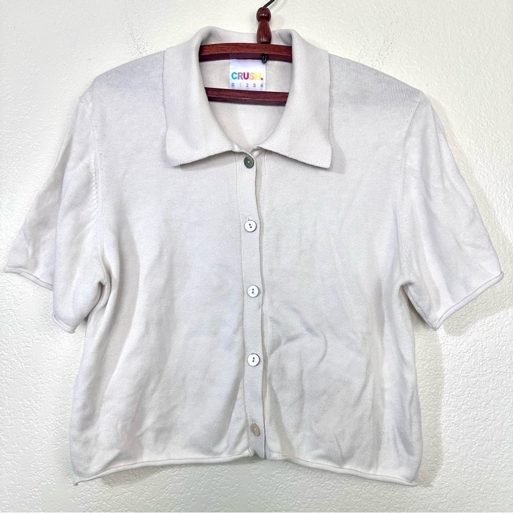 CRUSH Cashmere Blend Polo Short Sleeve Cardigan Size S in Cream - Picture 2 of 9